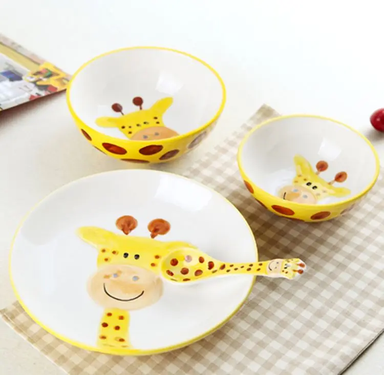 New  Cute children's animal tableware set  creative bowl  plate  cartoon  fruit ceramic bowl  tableware 4 pieces/sets ~