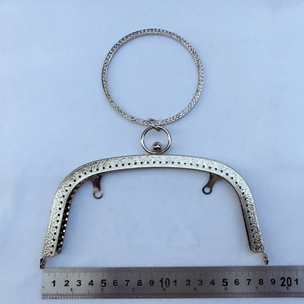 18.5cm length DIY women handbag metal purse frame clasp O ring diamond handle arc knurling design kiss buckle