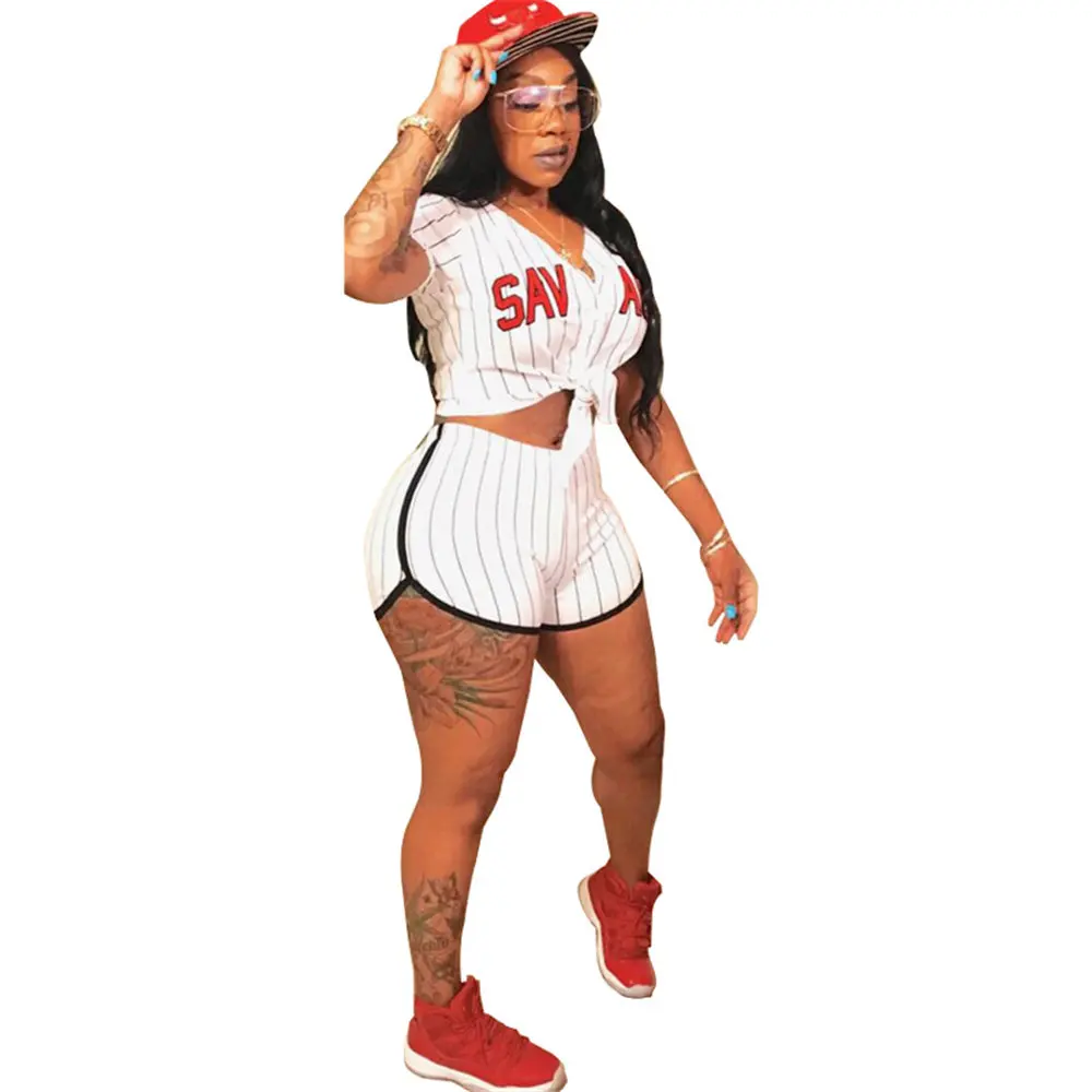 2018 New Women Baseball Jerseys Short Sleeve Baseball Shirts Striped Letter Print V-neck Top Sexy Shorts Baseball Costume Set