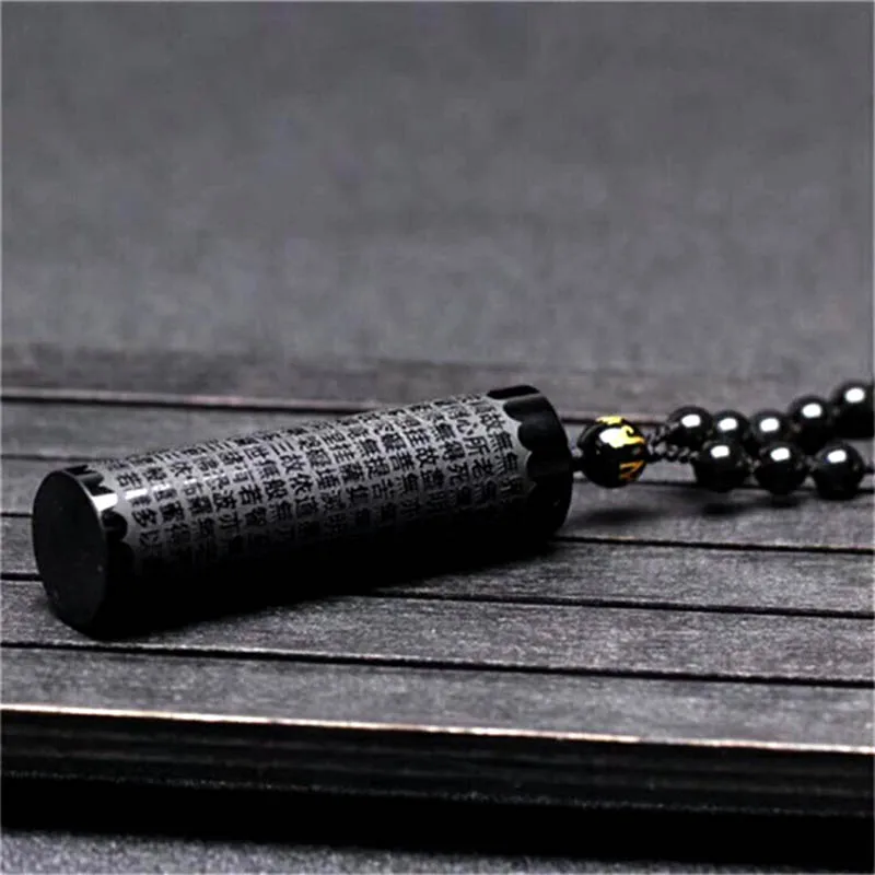 Natural Obsidian Pendant Prajna paramita Sutra Buddha Necklace Pendant With Lucky Beads Chain Fashion Jewelry For Men women