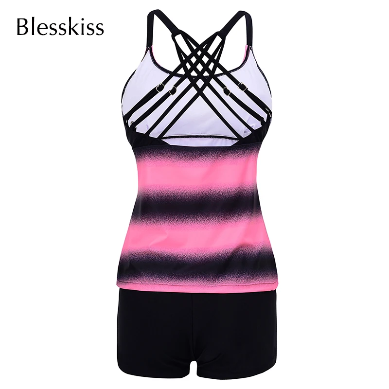 Blesskiss Plus Size Swimwear Women 2023 High Waist Swimsuit Two 2 Piece Stripes Tankini With Shorts For Ladies Bathing Suit 4XL