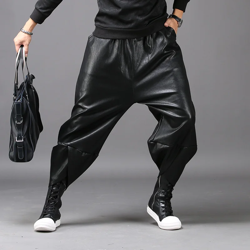 Men's Autumn And Winter Leather Pants Thin Loose Harem Pants Nightclubs Stage Men Bows Pants Tide Fashion Personality Trousers