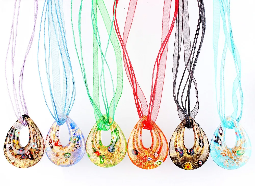 Fashion Beauty Wholesale 6pcs Handmade Murano Lampwork Glass Mixed Colorful Drop Millefiori Pendants Charms Necklaces