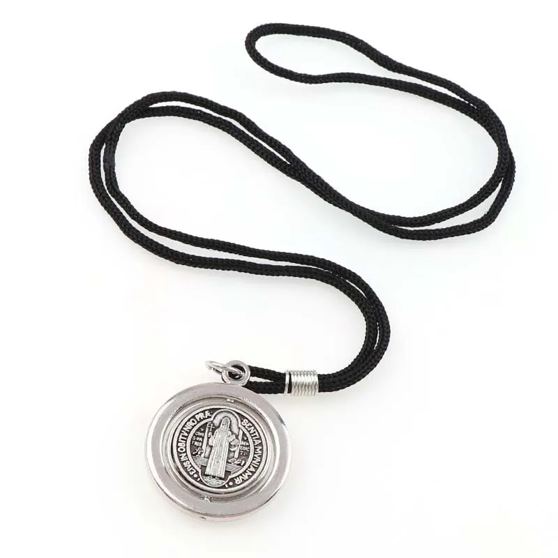 70cm Round Rotatable Saint Benedict Medal Pendant with Black Rope Chain Necklace Christian Father Saint Benedict Necklace