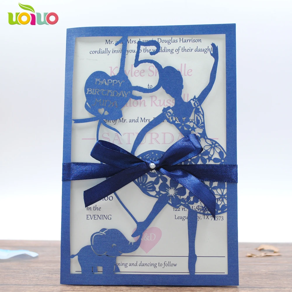 DIY customzied inc275 girl birthday card sea blue Wedding invitations Card ,tied navy blue bow,print insert,envelope