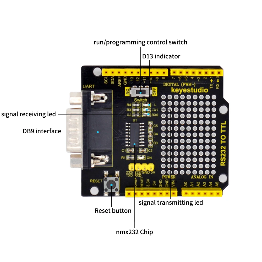 Keyestudio-Placa de escudo de conversión RS232 a TTL para Arduino UNOR3, Compatible con interfaz RS232