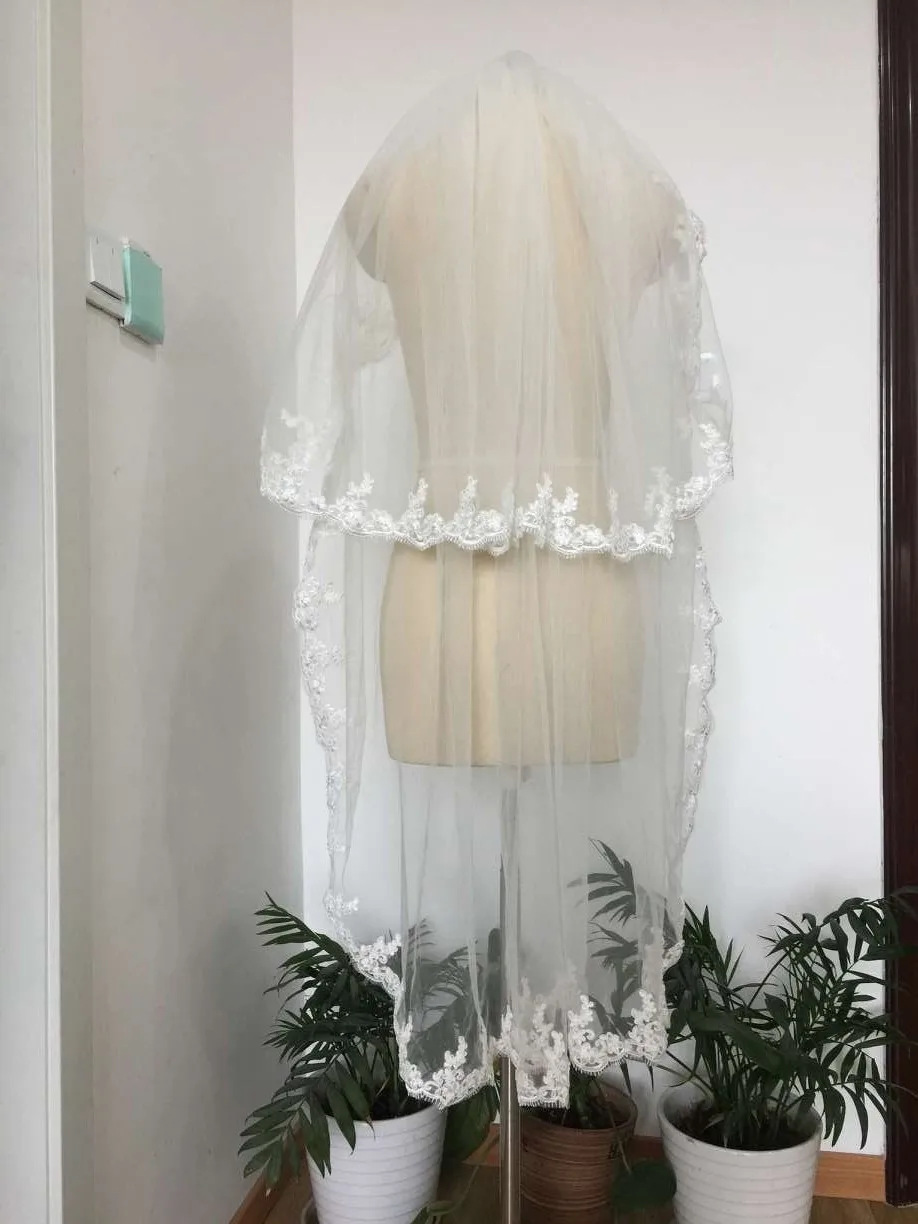 Voile de mariée en dentelle avec peigne, longueur 120CM, 2 couches, blanc, ivoire, noir, rouge, longueur de valse, Champagne