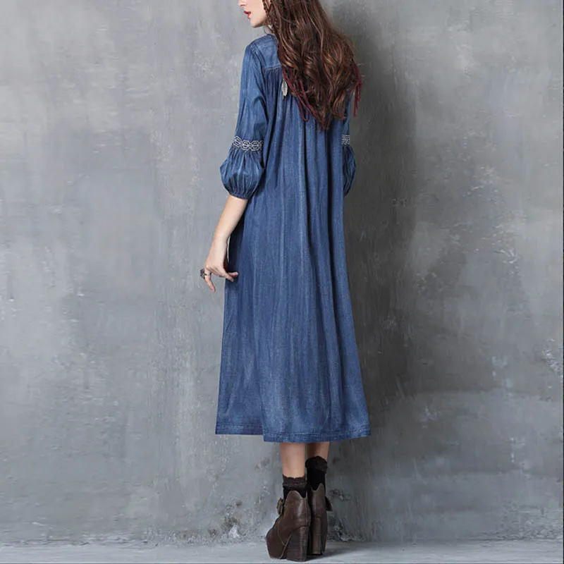 TIYIHAILEY Free Shiping Vintage Long Mid-calf Lantern Sleeve Autumn Denim Cotton V-Neck Embroidery M-XL A-line Women Dress