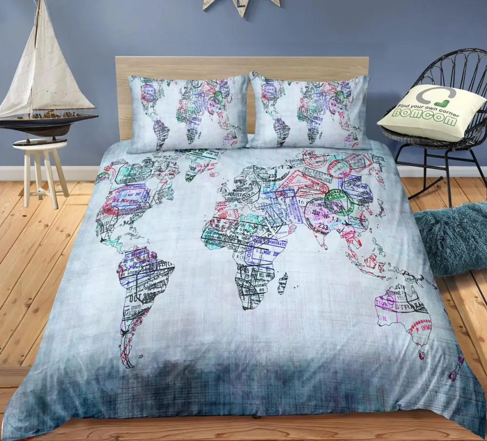 

BOMCOM 3D Digital Printing map print Duvet cover set postmark map of the world Bedding Set 100% Microfiber