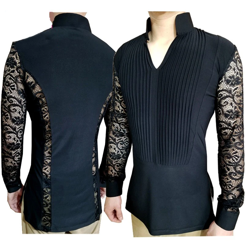 Ballroom Latin Dance Shirts Male Black Long Sleeve V Collar Shirt Men Samba Rumba Cha Cha Dancing Tops Performance Wear N7026