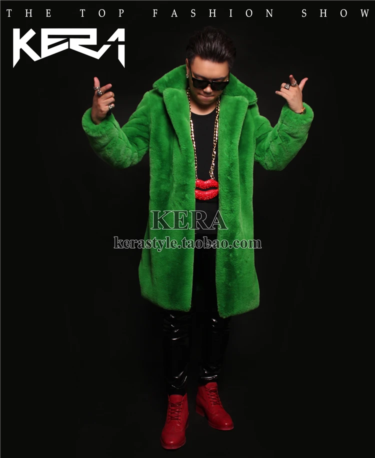 Winter New Men\'s Fashion Beyonce Green Long Fur Coat Performance Clothing Women Plus Size Singer Outerwear Bar Male Costumes