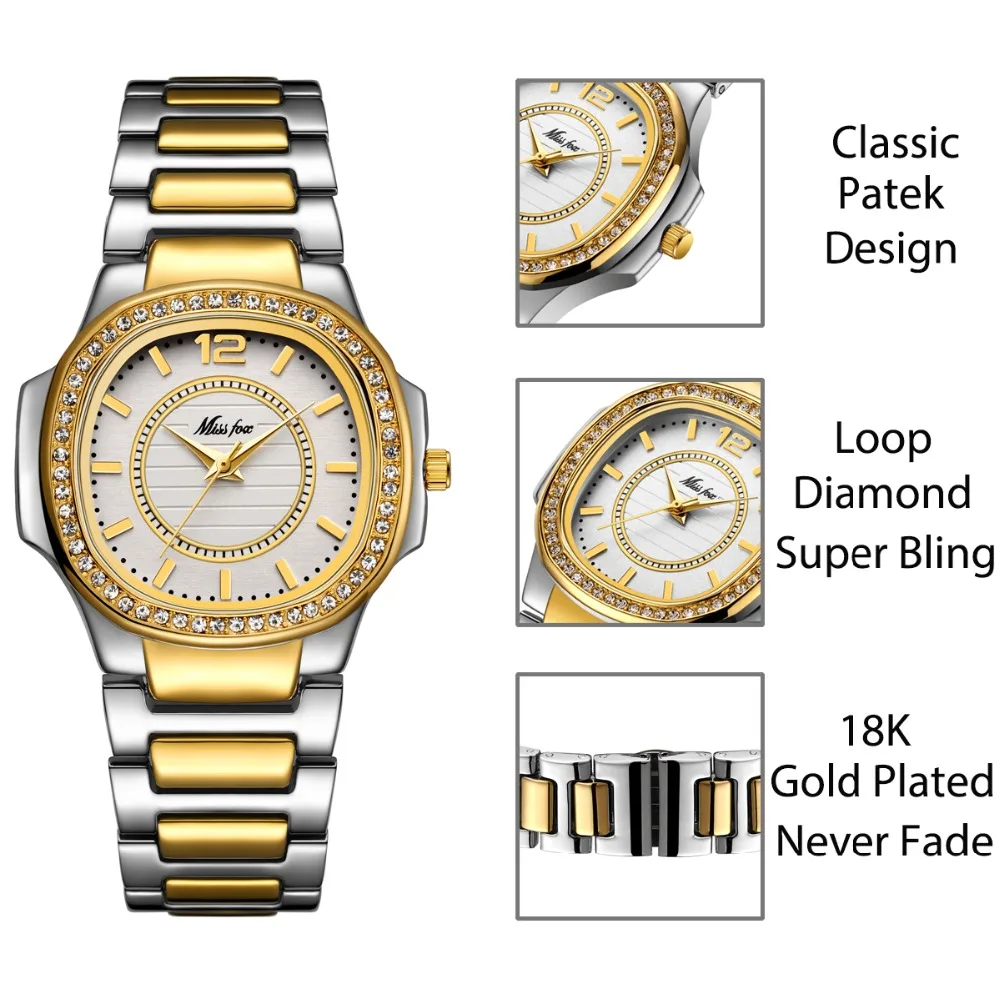 MISSFOX Quartz Watch Women Luxury Brand Diamond Analog Ladies Watches Water Resistant 18K Golden Clock Hour For Women Gift