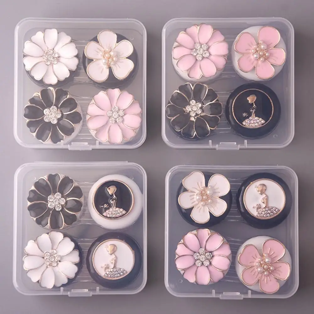 2 Pairs New Resin Flowers Mixed Color Contact Lenses Case For Women With Transparent Box Lens Container Holder Travel Kit