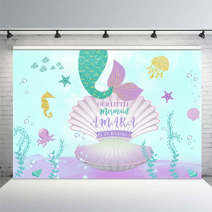 

A Little Mermaid Themed Baby Shower Photography Backdrop Underwater Newborn Green Color Background Shell Seaweed Seahorse Pearl