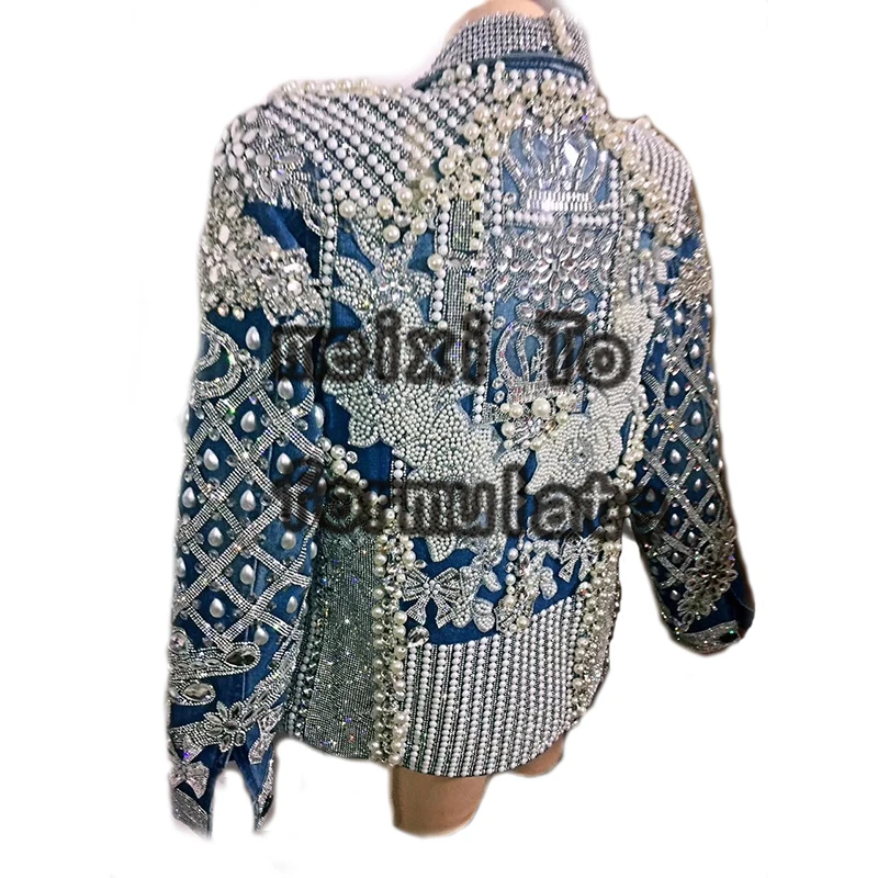 Blue jean jacket pearl rhinestone jacket nightclub concert singer dancer dress