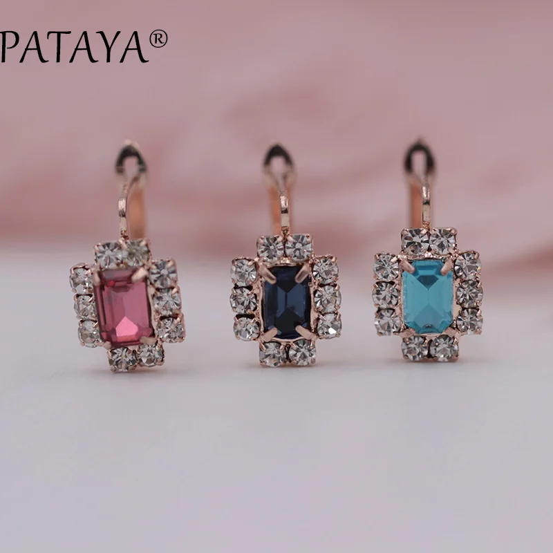 PATAYA New Arrivals Dark Blue Square Natural Cubic Zirconia Earrings 585 Rose Gold Color Fine Earrings Women Jewelry Accessories