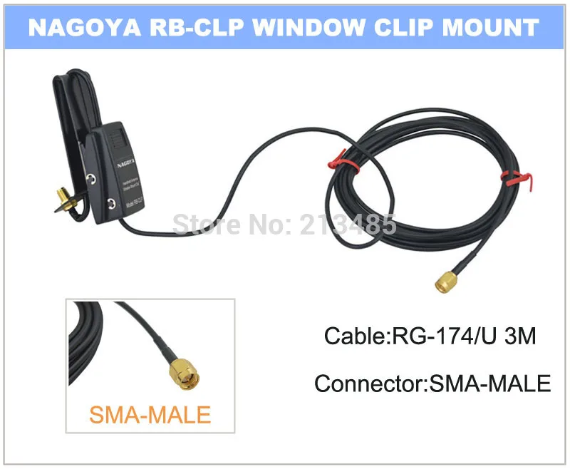 

NAGOYA RB-CLP Window Clip Mount RG-174/U 3m Cable SMA-Female for walkie talkie Radio/Antenna with SMA-Male connector