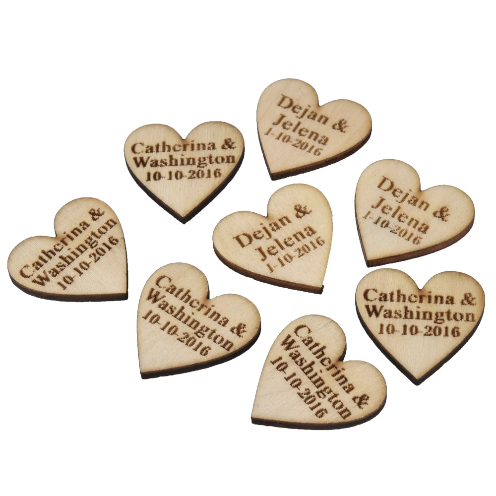 100 Pieces Personalized Engraved Wood Hangs Love Heart Centerpieces Wedding Table Decoration Favors Customized Candy Tags