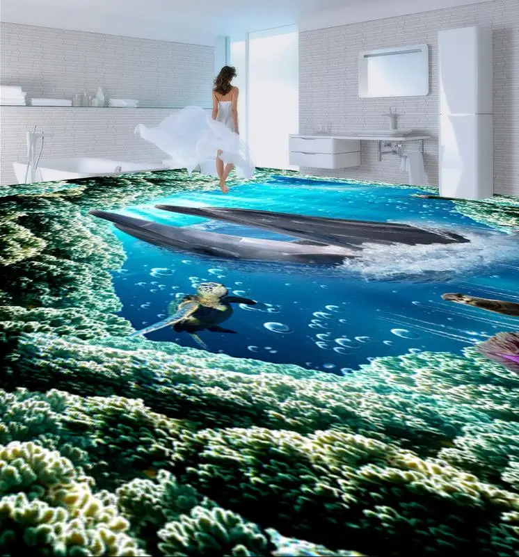 

Floor wallpaper 3d for bathrooms dolphin 3D wallpaper 3d floor murals PVC waterproof floor self-adhesive 3D floor