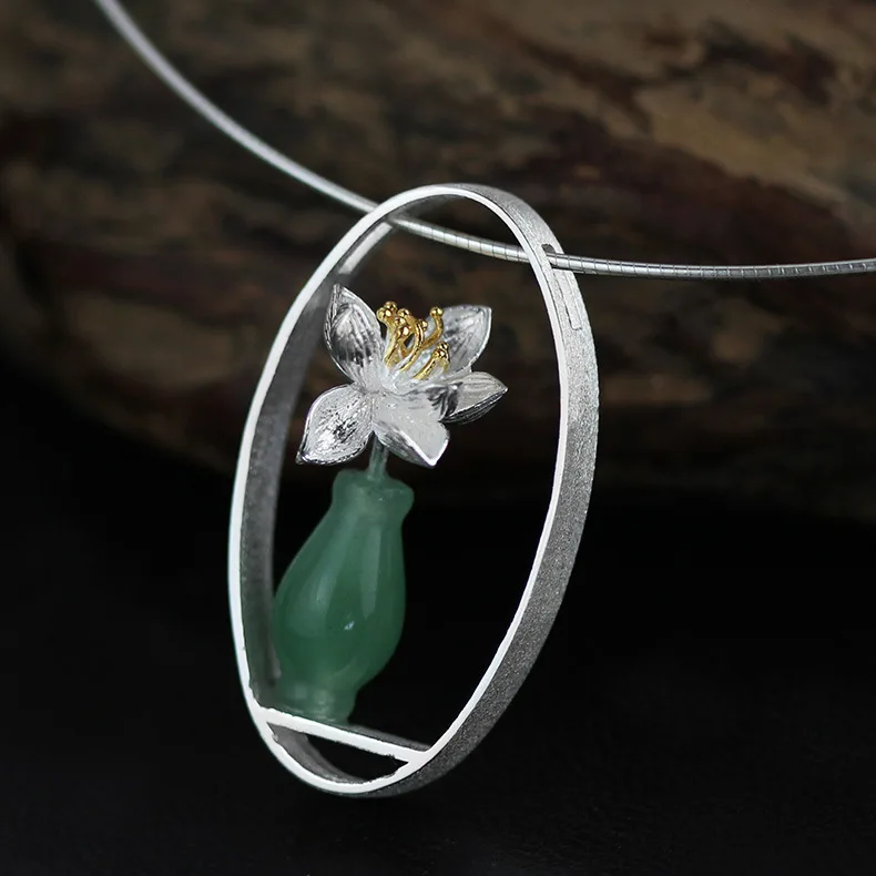 Amxiu Real 925 Sterling Silver Natural Stone Natural Aventurine Handmade Jewelry  Necklace