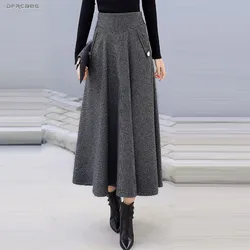 Hoge Taille Retro Plaid Wollen Vrouwen Rokken Winter 2024 Mode Warme Winter Kantoor Wol Geplooide Maxi Rok Femme Saia Longa