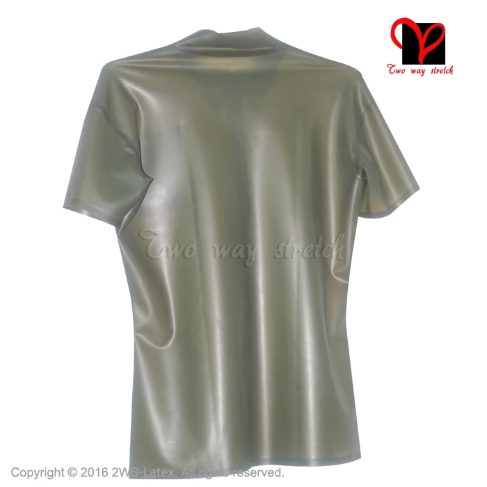 Camiseta de látex militar, uniforme de borracha camiseta com botões gola virada para baixo, roupa transparente de verão