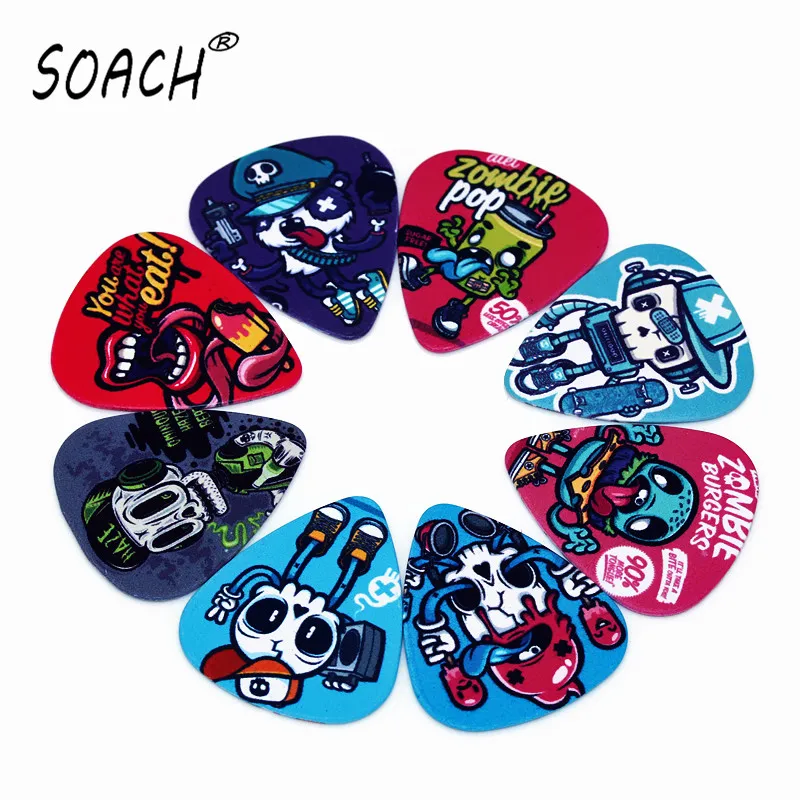 SOACH-púas de guitarra de alta calidad, 10 piezas, 0,46/0,71/1,0mm, dos lados, grafiti, esqueleto, pendientes, accesorios para guitarra