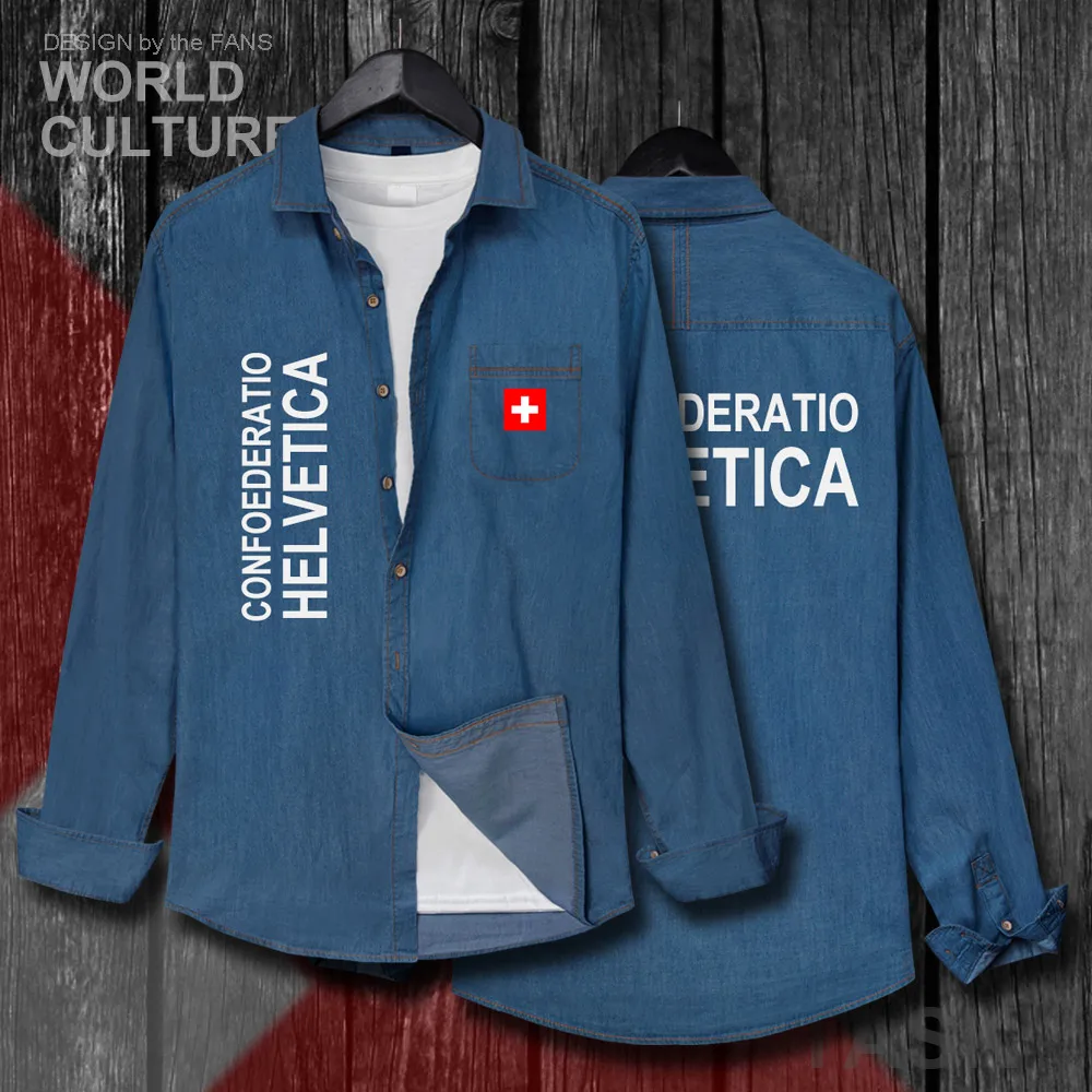 Swiss Confederation Switzerland CHE CH Confoederatio Helvetica Men Clothes Autumn Cotton Jean Shirt Long Sleeve Cowboy Coat Flag