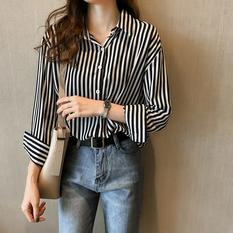 Camisa a rayas para mujer, Blusa de manga larga con cuello vuelto, Top informal a la moda para primavera y verano, H9017