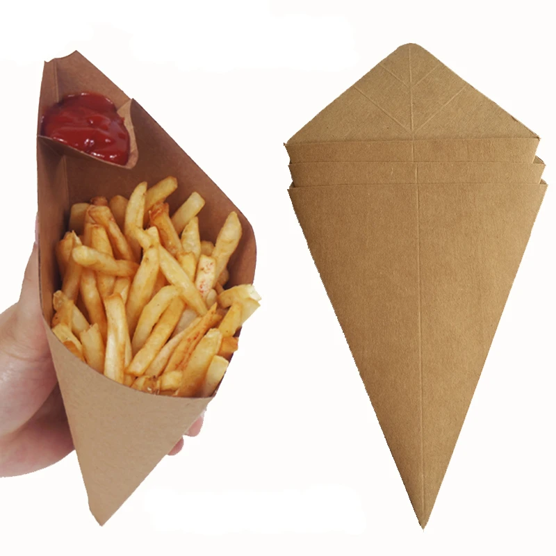 Creative Cone Shape Disposable French Fries Box, Waterproof and Anti-Oil Food Grade Kraft Paper Box, Fried Food Package, 100Pcs