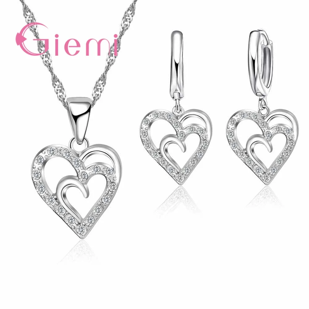 Sweet Romantic Love Shape Crystal Stone Necklace Earrings 925 Sterling Silver Cubic Zirconia for Women Birthday Gift