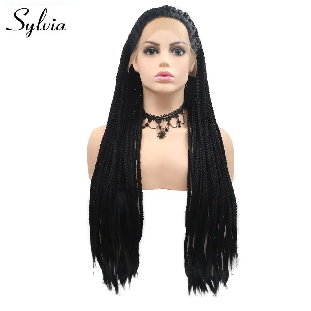 

Sylvia Long Braided Wig Black Hair Braided Box Braids Wig For Women #1B Synthetic Wig Natural Hairline Heat Resistant