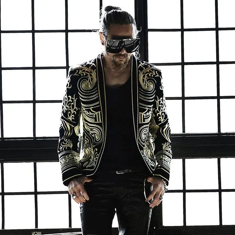 M-3XL Men blazer black embroidery coat Jacket blazer Male DJ Singer Slim high quality Stage Costume Plus Size