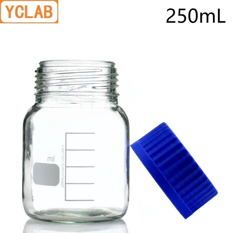 YCLAB 250mL Reagent Bottle Wide Screw Mouth with Blue Cap Transparent Clear Glass Medical Laboratory Chemistry Equipment