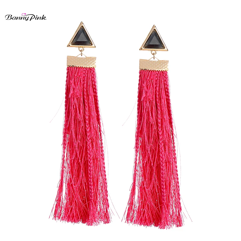 Banny Pink Bohemia Long Cotton Tassel Earrings For Women Ethnic Geometric Triangle Stud Earrings Vintage Fringed Earrings Brinco