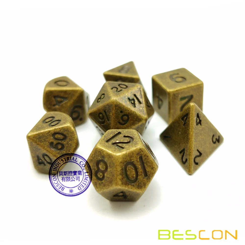 Bescon 10MM Mini Solid Metal Dice Set Ancient Brass, Mini Metallic Polyhedral D&D RPG Miniature Dice 7-sets