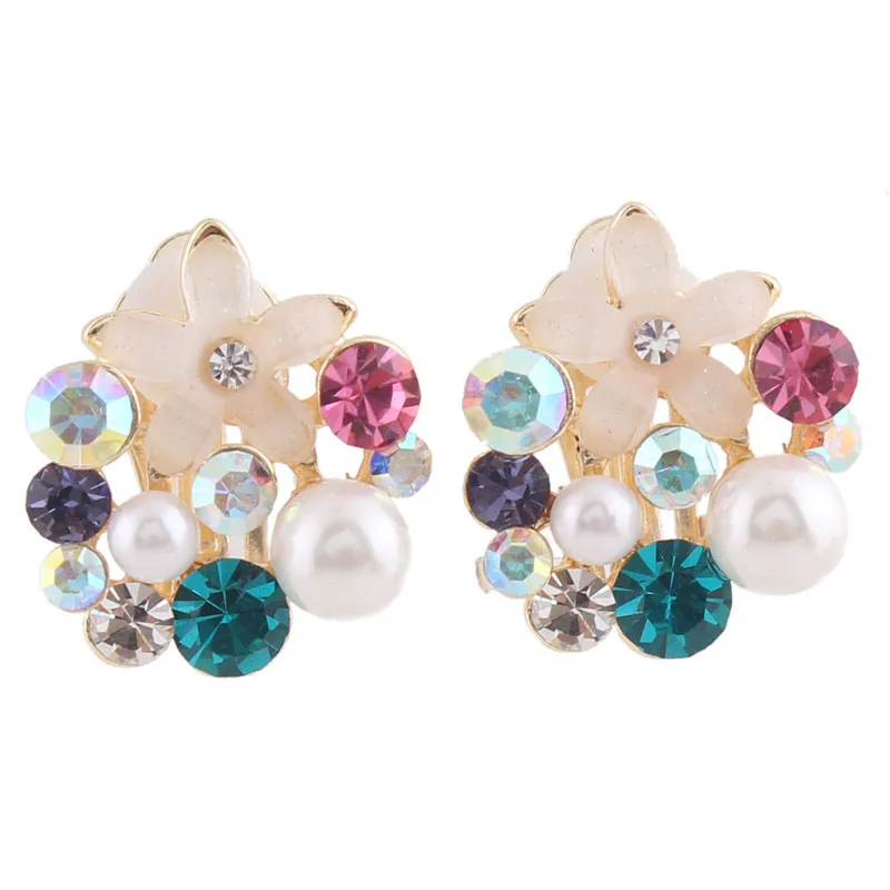 Top Quality Rhinestone Opal Flower Simulated Pearl Water Drop Shape Clip on Earrings No Pierced for Women Fashion Bride Ear Clip