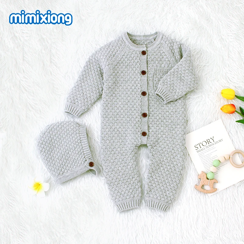 Baby Rompers Long Sleeve Autumn Winter Knitted Newborn Girls Boys Jumpsuits Outfits One Pieces Overall Grey Toddler Kids Clothes