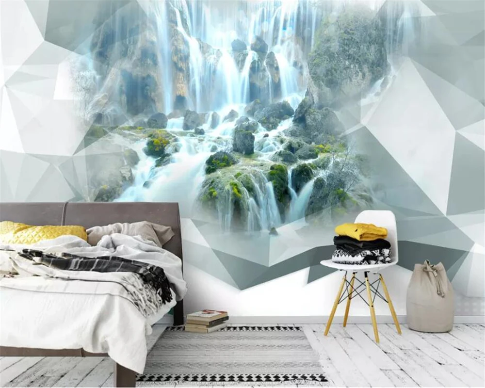 

Customized landscape murals stereo abstract geometry waterfall mural bedroom living room sofa TV background wall wallpaper