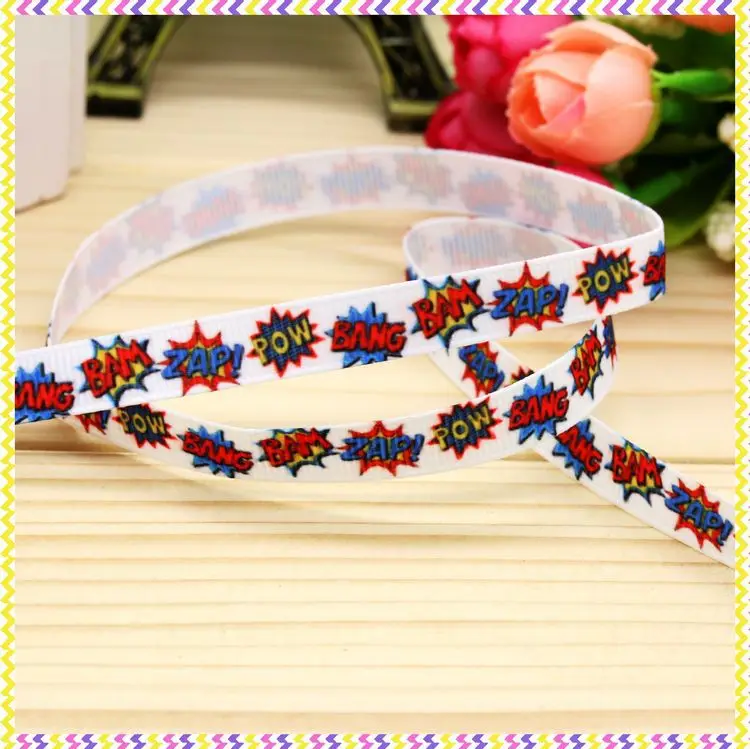 New 3/8''  pow bang printed grosgrain ribbon hair bow headwear party decoration wholesale OEM 9mm H3815