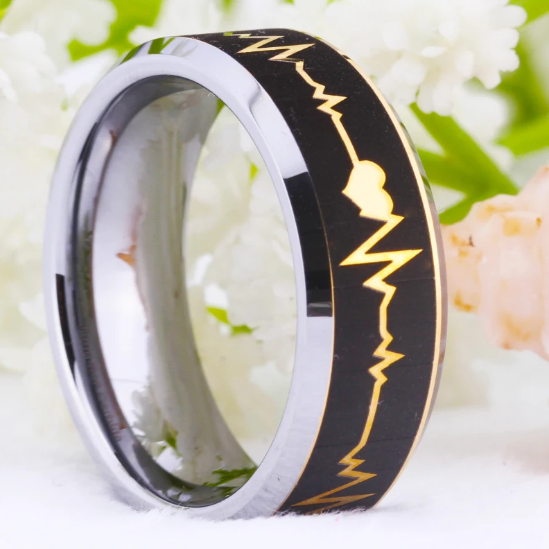 Classic Wedding Rings for Women Men's Engagement Rings Heart Beat EEG Design Promise Anniversary Jewelry Golden Tungsten Ring image 3