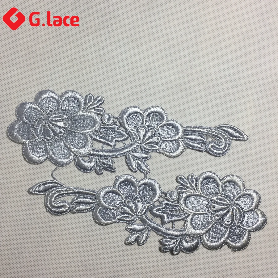 GLace 2pair/Lot  silver cotton flower lace 18*6cm DIY craft material lace Appliques embroidery patches trim   GL019