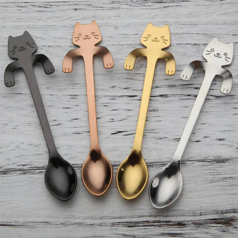 Cute Cat Teaspoons Stainless Steel Cartoon Cat spoons Creative Ice Cream Dessert Long Handle Coffee&Tea Spoon Tableware Colors