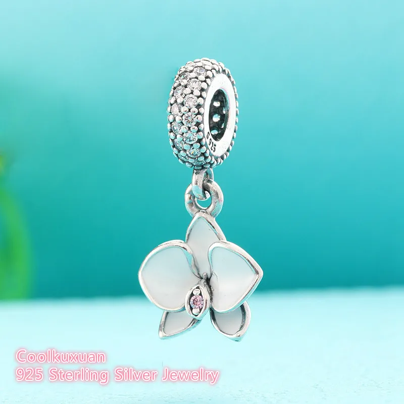 

Summer White Enamel Orchid Charms Pendant Fit Pandora Bracelets Original 925 Sterling Silver Floral Beads For Jewelry Making