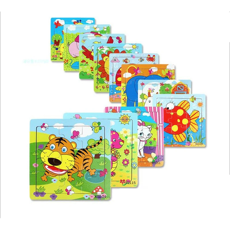 9 Pieces Cartoon Animal Prints Puzzle Wooden Baby Toy  Jigsaw Kids Learning and Education Tool Animals Plane Pattern Puzzles