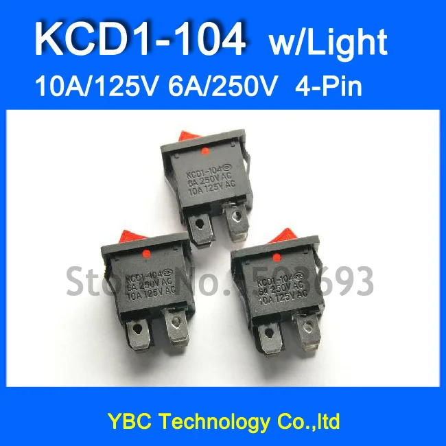 20pcs/lot 4 Pin 6A 250V 10A 125V Red Button with Light Rocker Switch KCD1-104 On - Off Rocker Power Switches