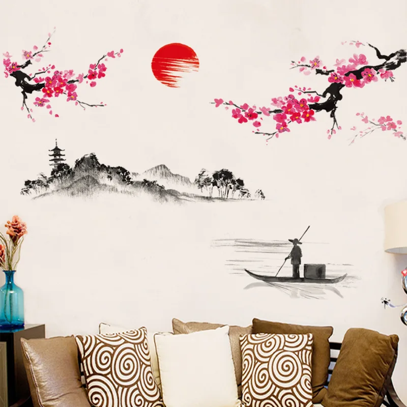 Plum Sunrise Landscape Chinese Style Art Wall Stickers Living Room Bedroom Background For Home Decoration Mural Decals Wallpaper