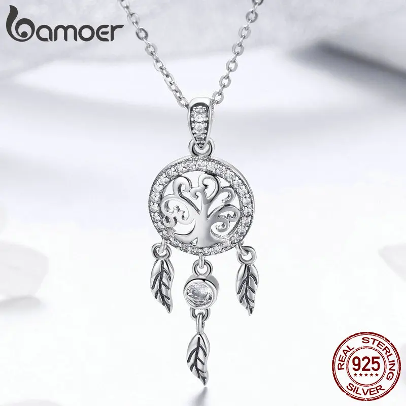 BAMOER Real 925 Sterling Silver Tree of Life Fashion Dream Catcher Pendant Necklaces for Women Sterling Silver Jewelry SCN298