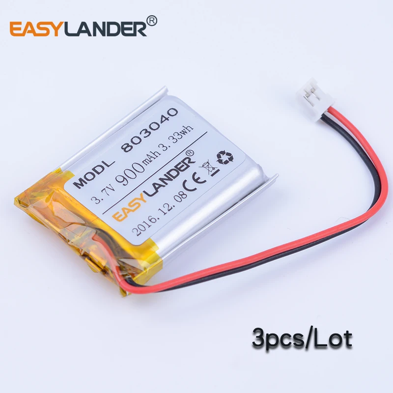 

3pcs/Lot 3.7V 900mAh 803040 JST2.0 2p Rechargeable Lithium Li-ion Polymer Battery