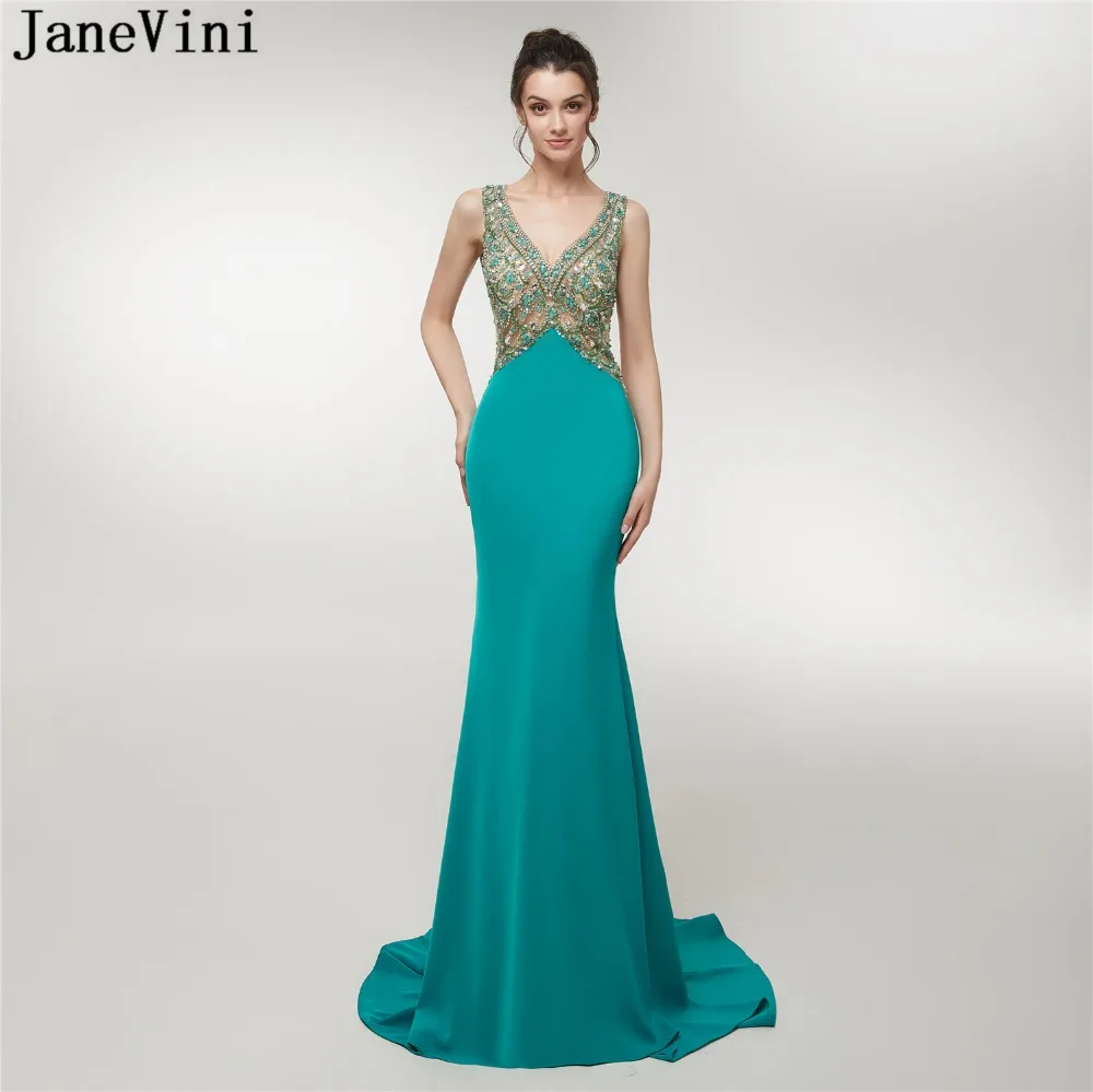 

JaneVini Luxurious Heavy Beaded Crystal Tulle Bridesmaid Dresses Deep V Neck Backless Sweep Train Arabic Mermaid Sexy Prom Gowns